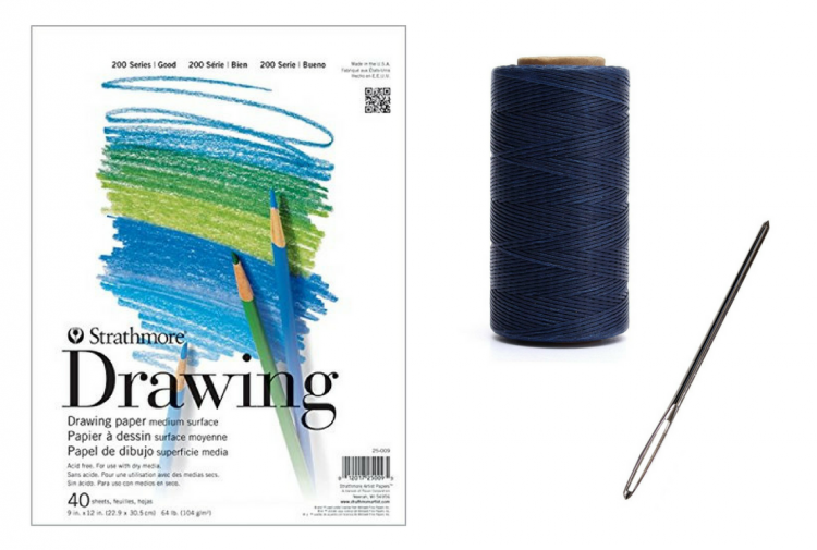 drawing pad, needle and thread