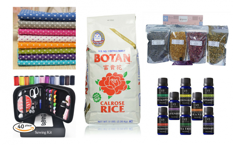 fabric, sewing kit, rice, essential oils and dried herbs for a rice pack