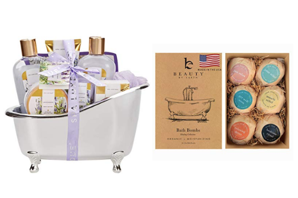Image of a aromatherapy bath gift basket and a box of bath bombs