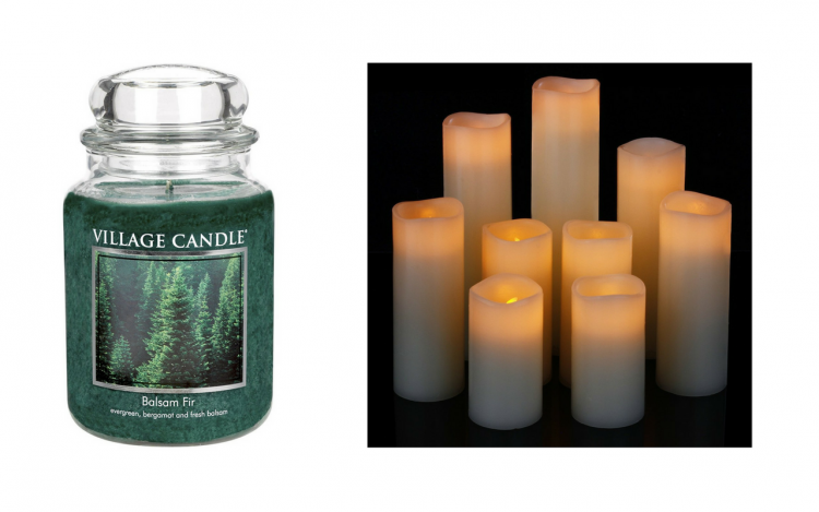 balsam fir scented candle and a set of battery operated candles