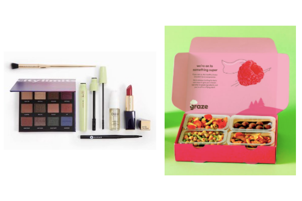 image of makeup on the left and image of a graze snack subscription box on the right