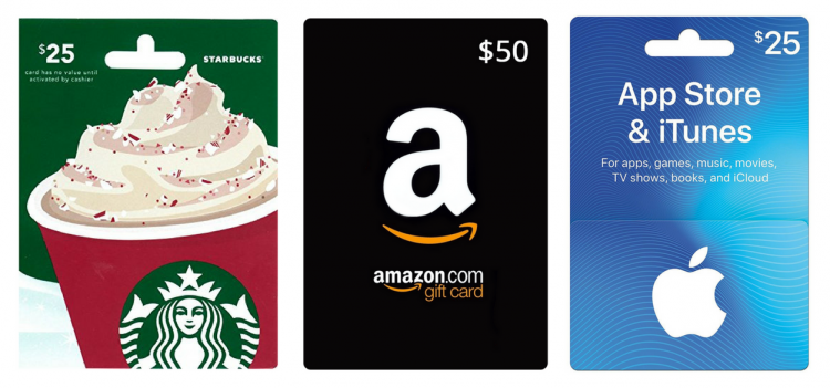 starbucks gift card, amazon gift card, itunes gift card