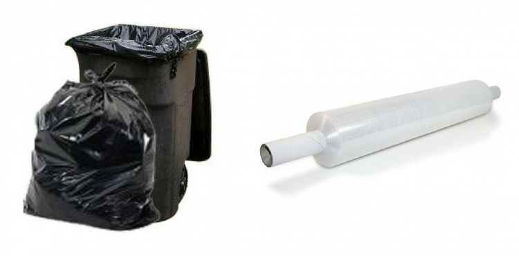 large trash bags and plastic packing wrap