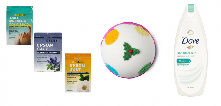 epsom salt, lush bath bomb, and dove unscented body wash