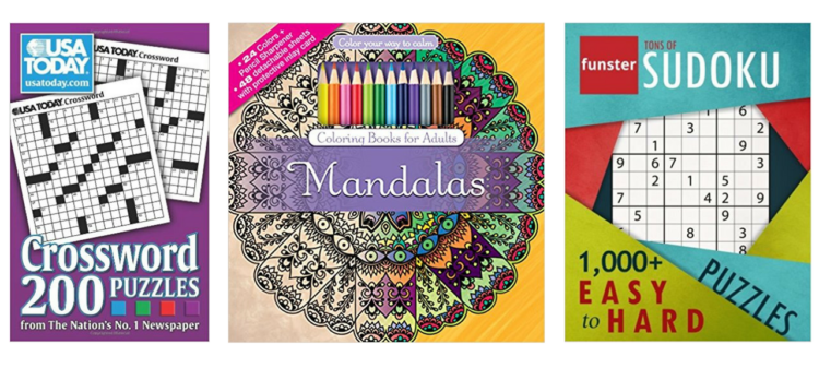 crossword puzzles, adult coloring book, and sudoku book