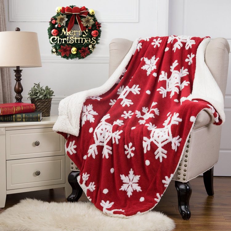 red and white snowflake holiday throw blanket