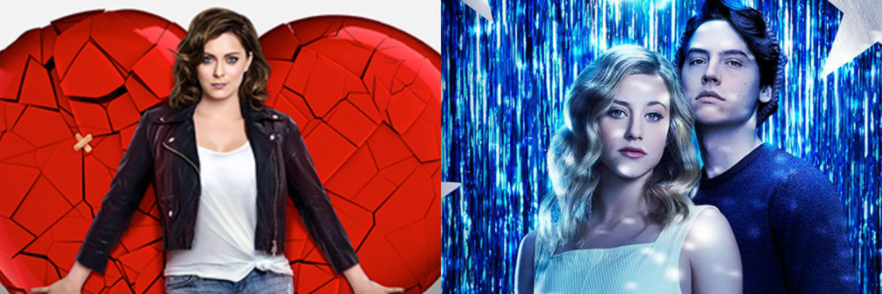 6 TV Shows That Got Borderline Personality Disorder (Mostly) Right Rachel Bloom from Crazy Ex-Girlfriend in front of a large cracked heart, and Betty and Jughead from Riverdale stand together at a prom.