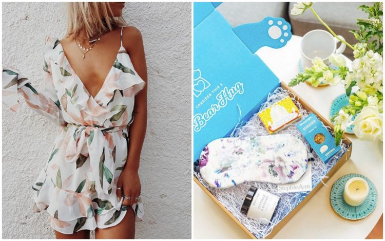 floral dress and care package box