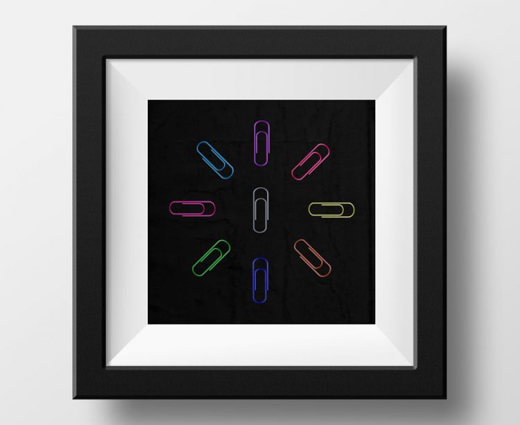 One paper clip in the middle, with colorful paper clips surrounding it 