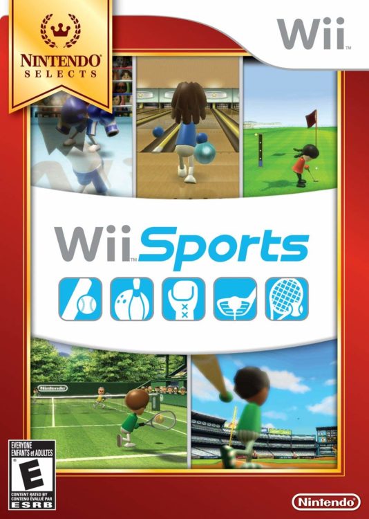 Wii Sports game cover with different activities shown including bowling, tennis, golf and baseball