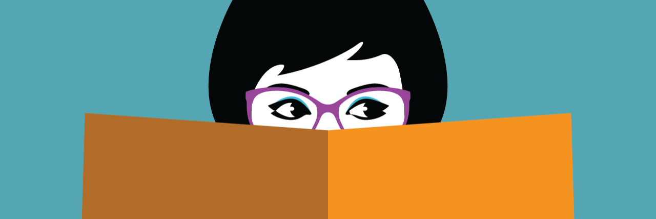 illustration of woman in glasses holding a book over her mouth and part of her face