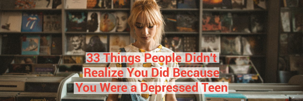 Things People Didn't Realize You Did Because You Were a Depressed Teen young woman in record store looking down at a record