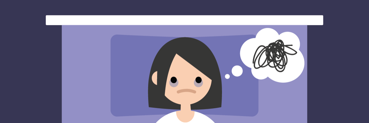 What You May Not Realize About Your Friend Who 'Sleeps Too Much' vector drawing of woman in bed with thought bubble filled with scribbles over her head