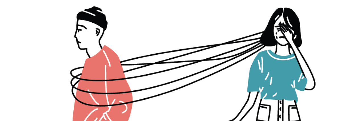 What It's Like to Breakup With Your Eating Disorder a woman tied to her boyfriend -- drawing