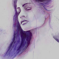 A water color image of a woman crying - purple in color.