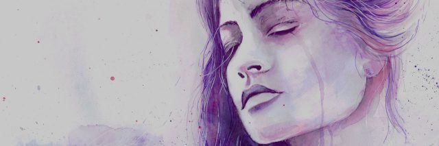 A water color image of a woman crying - purple in color.