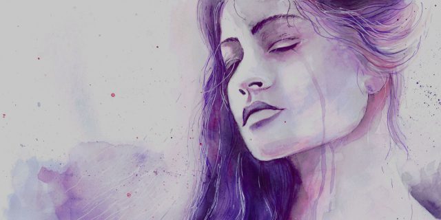 A water color image of a woman crying - purple in color.