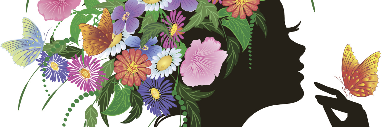 I Won't Let Fibromyalgia Steal My Joy A silhouette illustration of a woman with colorful flowers on her head and a butterfly on her hand.