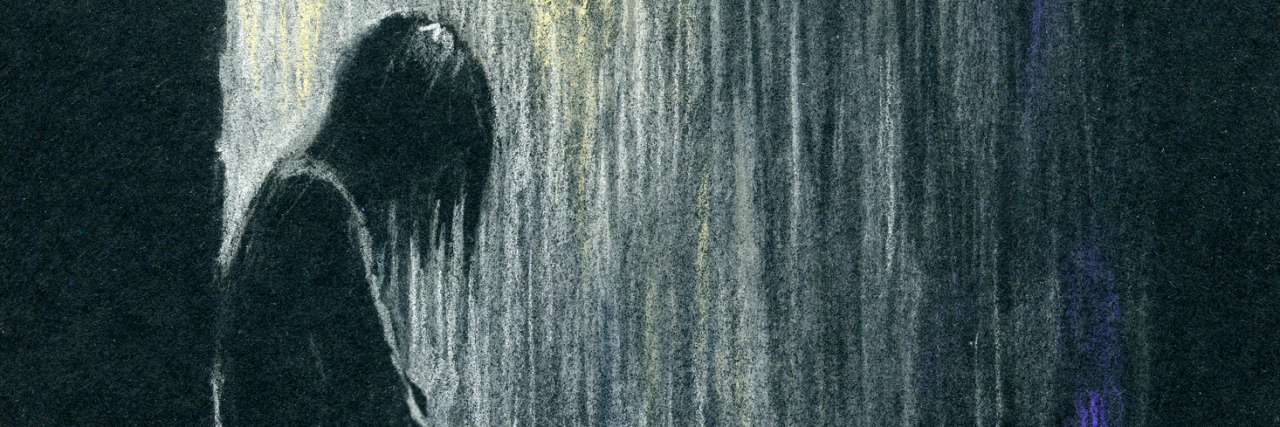 The Dark Moments With Chronic Illness An illustration of a silhouette of a woman standing in a dark area, while it rains.