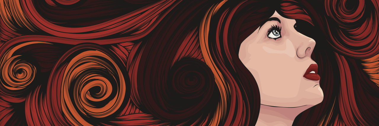 Beautiful woman looking up with long curly hair. Face and hair are on separate layers. Each hair strand is individual object. Cropped via clipping mask. Extra folder includes Illustrator CS2 AI and PDF files.