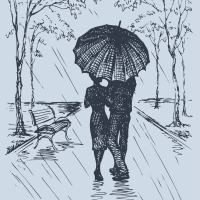 A couple walking down a road as rain falls own and they're covered by an umbrella.