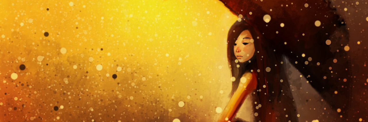 When Weight Fluctuates Due to Chronic Illness watercolor painting of a girl in a red dress with an umbrella