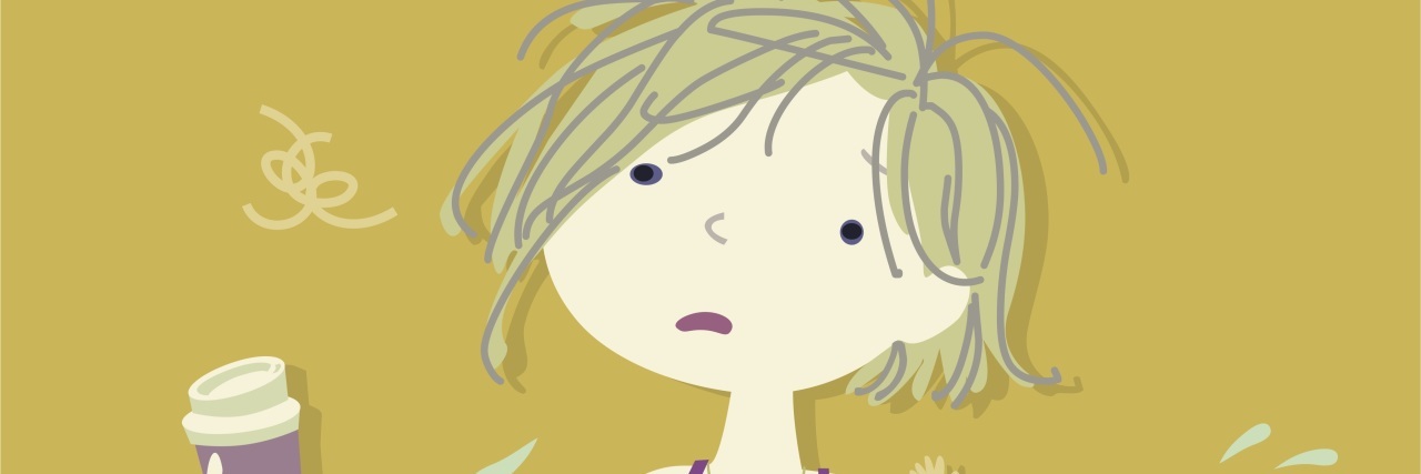 8 Things I Need as an Anxious Mom illustration of mom holding child and coffee looking frazzled