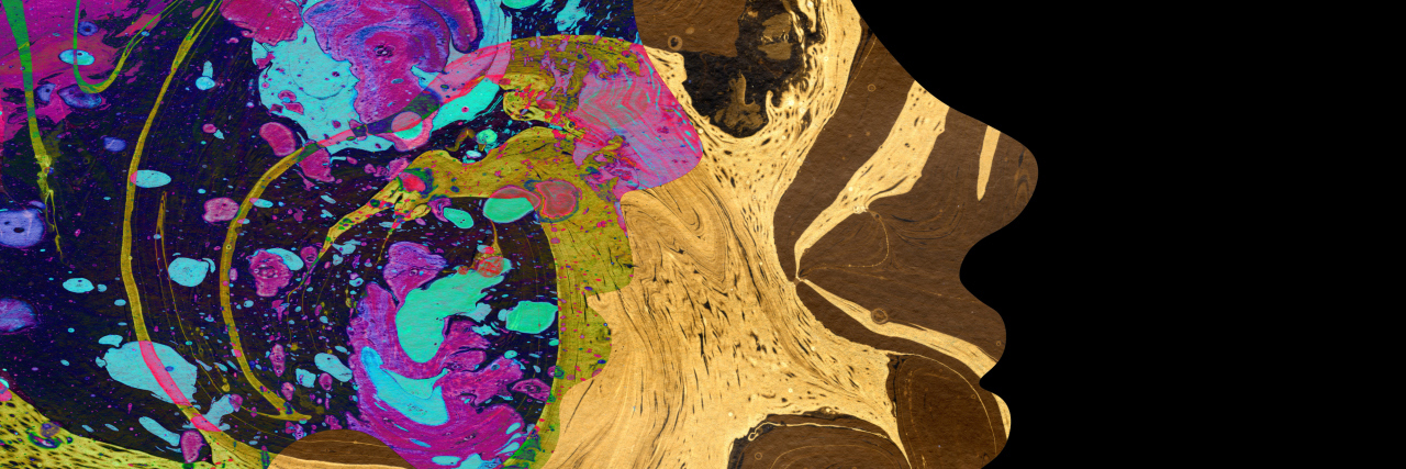 Using Meditation for Lymphangioleiomyomatosis Abstract watercolor hand drawn portrait illustration of girl in profile filled with mix of blue violet and brown oil paints with green stains on black background