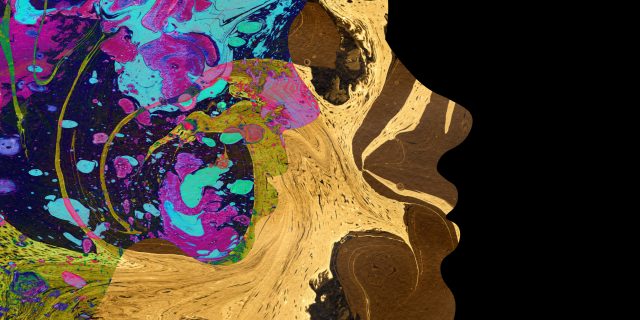 How I Learned to Still My Mind When Worrying About My Illness Abstract watercolor hand drawn portrait illustration of girl in profile filled with mix of blue violet and brown oil paints with green stains on black background