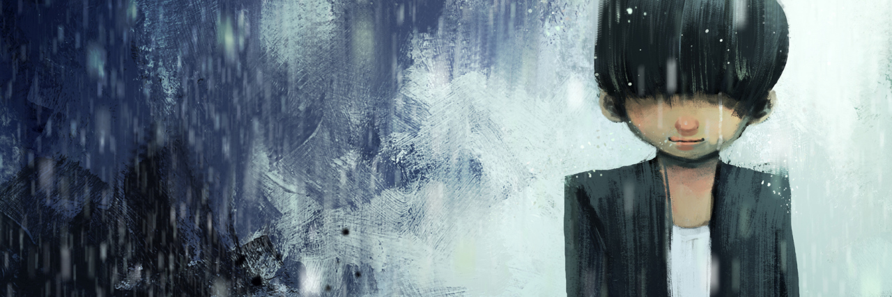 I Was Raped as a Child, and There's No Going Back digital painting of sad boy with bouquet in rainy day, acrylic on canvas texture
