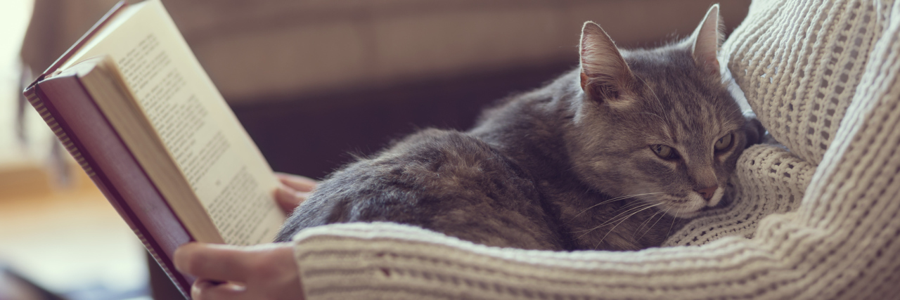 Woman reading book with cat on lap.