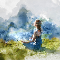 A watercolor painting of a woman sitting outside on the grass.