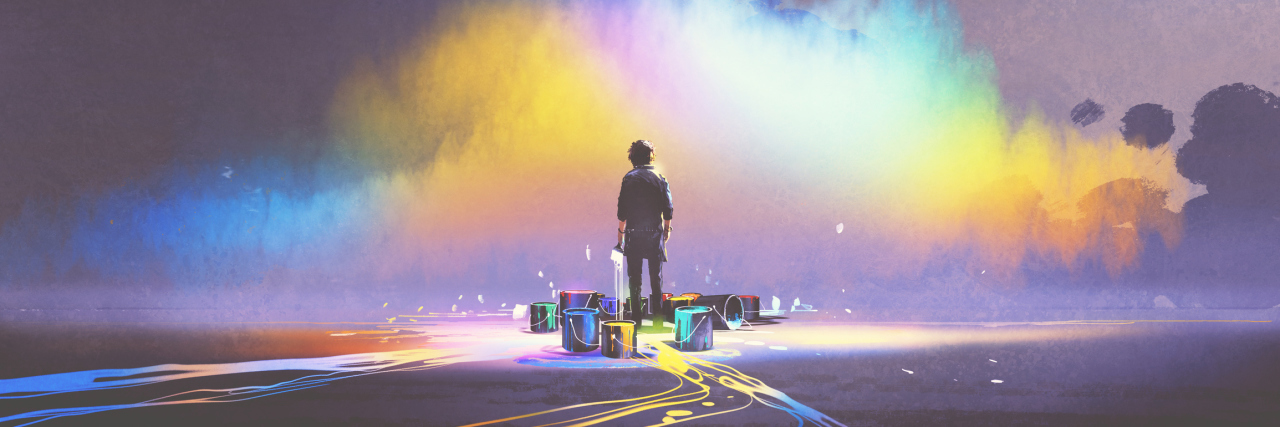 If You're Struggling With Depression Right Now, Read This. man with brush and paint buckets stands in front of colorful cloud, digital art style, illustration painting