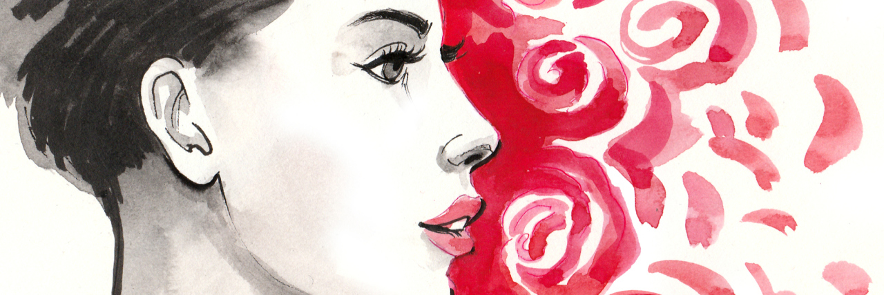 Watercolor sketch of a beautiful woman profile and red roses