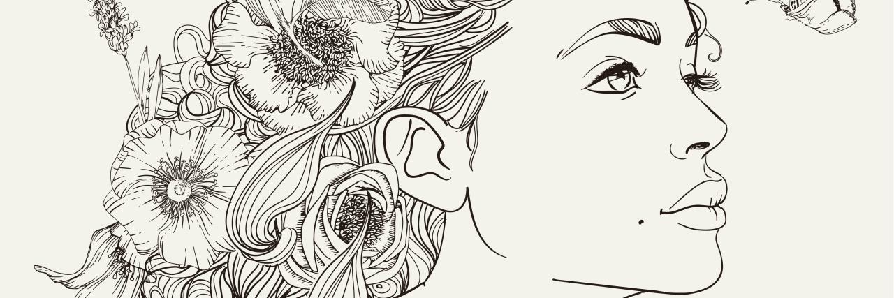 Changing Assumptions About Cerebral Palsy Drawing of woman with flowers and long hair.