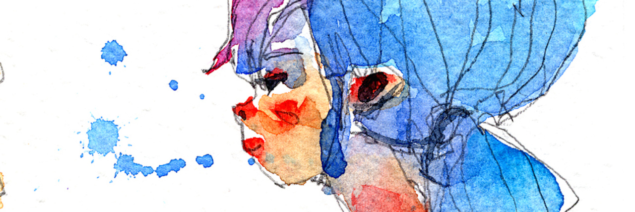 How I'm Healing From Childhood Abuse as an Adult watercolor painting illustration set of cool rock star girl with electric bass guitar, traditional artwork scanned