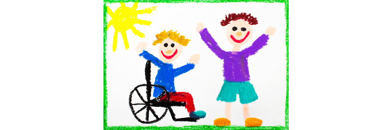 Colorful drawing of smiling boy sitting in wheelchair, with his non-disabled friend.