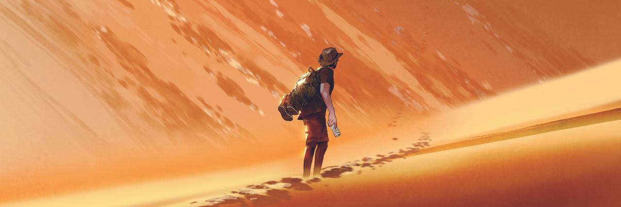 What It's Like to 'Split' With Borderline Personality Disorder male hiker walking on sand desert, digital art style, illustration painting