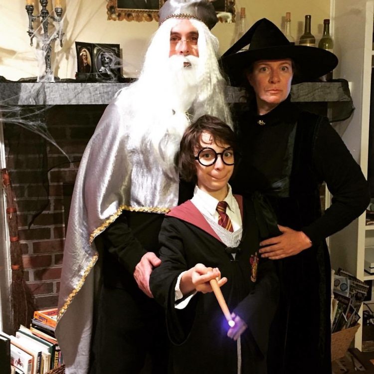 George dressed as Harry Potter, with dad dressed as Dumberldore and mom dressed as McGonagal
