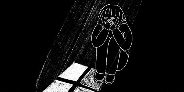 illustration of a woman sitting in the dark on the floor in front of a window