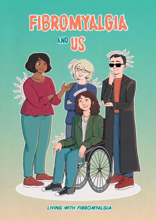 cover of fibromyalgia and us, two women standing, a man standing, and a woman in a wheelchair