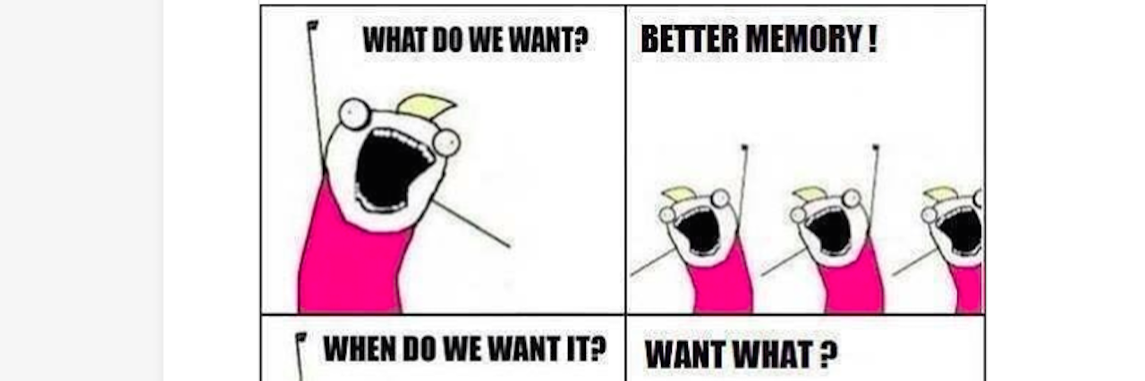 17 Funny Memes About Brain Fog stick figure drawings, what do we want? better memory! when do we want it? want what?