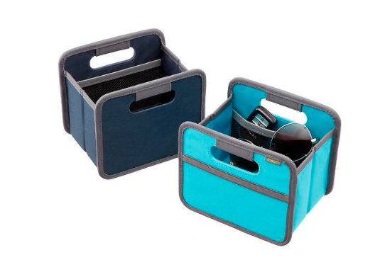 black and teal collapsable boxes with handles