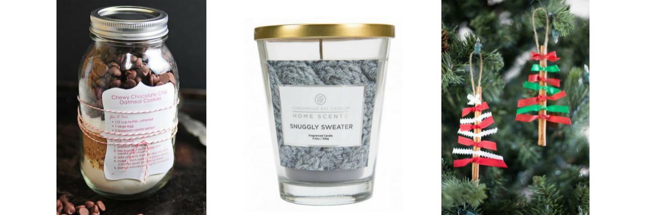 15 Low-Cost Gift Ideas for Those on a Tight Budget Due to Illness dry cookie ingredients in a jar, candle, and christmas tree ornaments