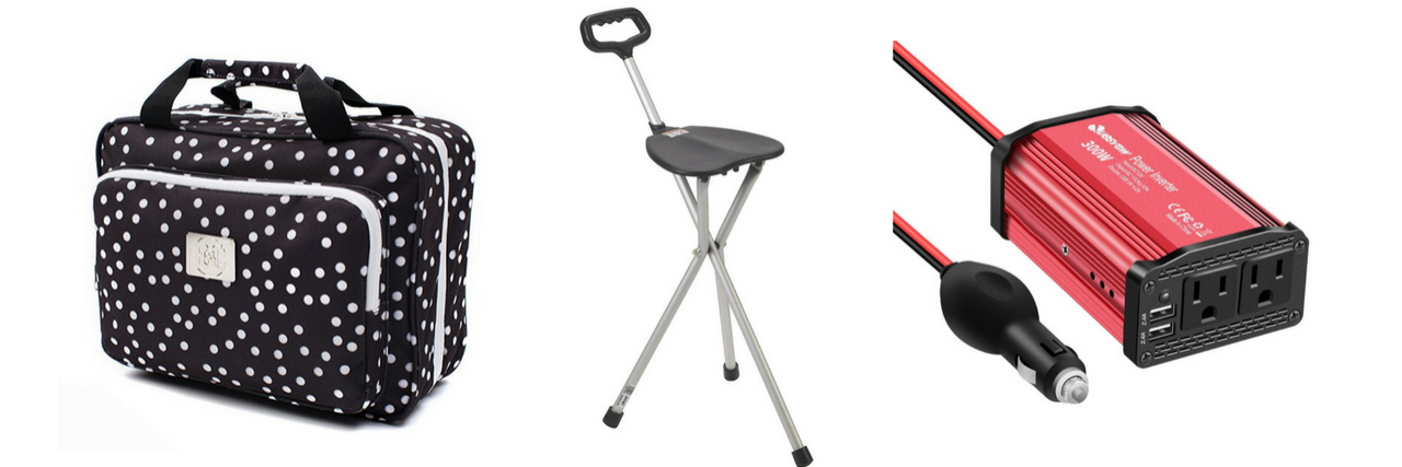 17 Products That Make Traveling Easier With an Illness or Disability cosmetic bag, folding cane seat and power inverter