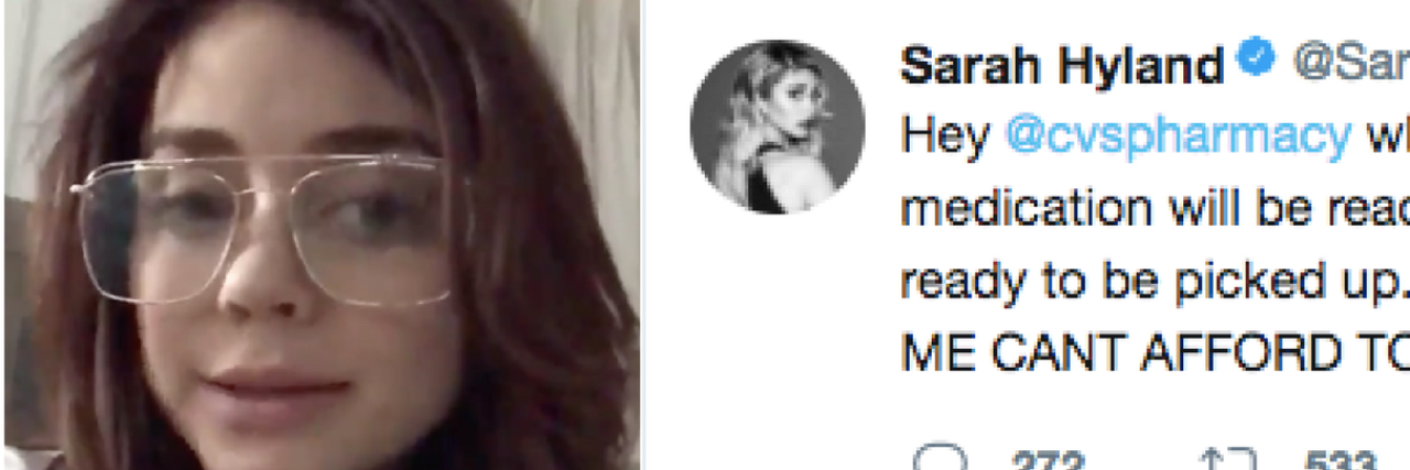 Headshot of Sarah Hyland with photo of a tweet Sarah Hyland posted