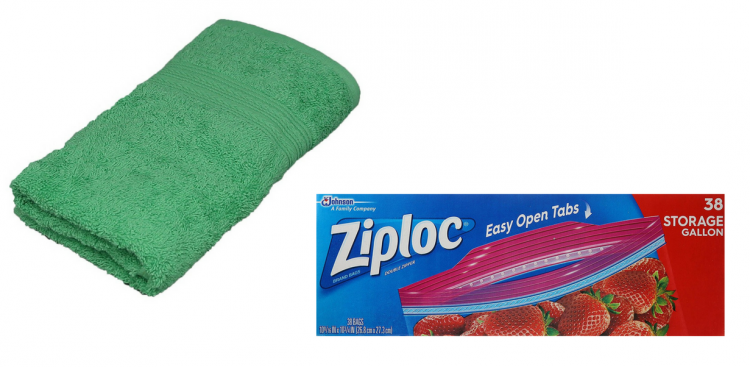 hand towel and ziploc bags