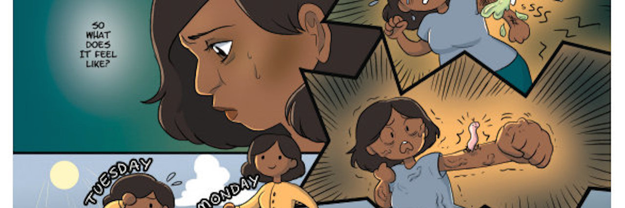 'Fibromyalgia and Us' Comic Explains What Life Is Like for Patients fibromyalgia and me comic of woman getting more tired throughout the week