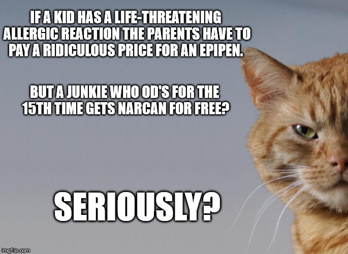 if a kid has a life-threatening allergic reaction the parents have to pay ridiculous price for an epipen. But a junkie who od's for the 15th time gets Narcan for free? Seriously?