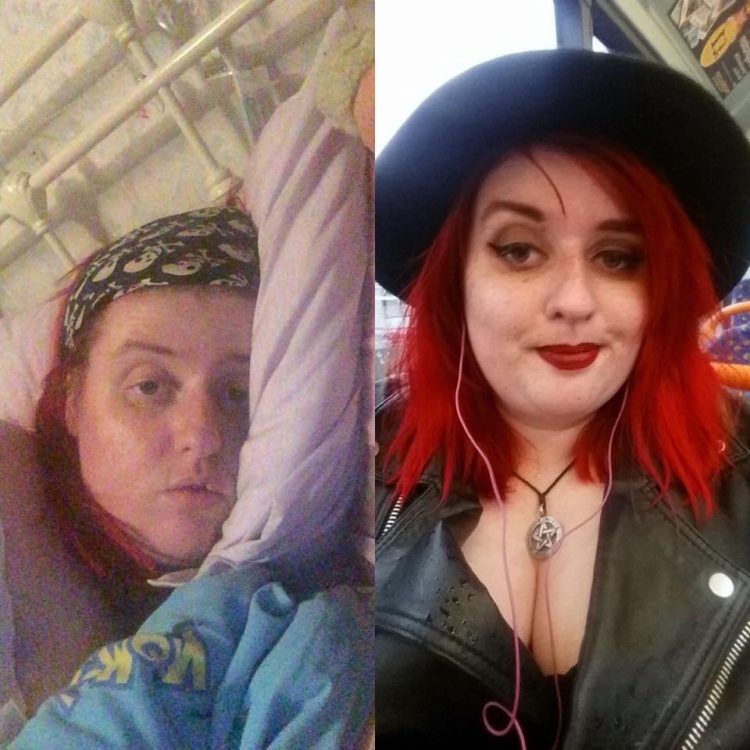 two side by side photos of the same woman. on the left she is lying in bed sick in a t-shirt and no makeup. on the right she is dressed up with her hair fixed and makeup done, walking around outside.